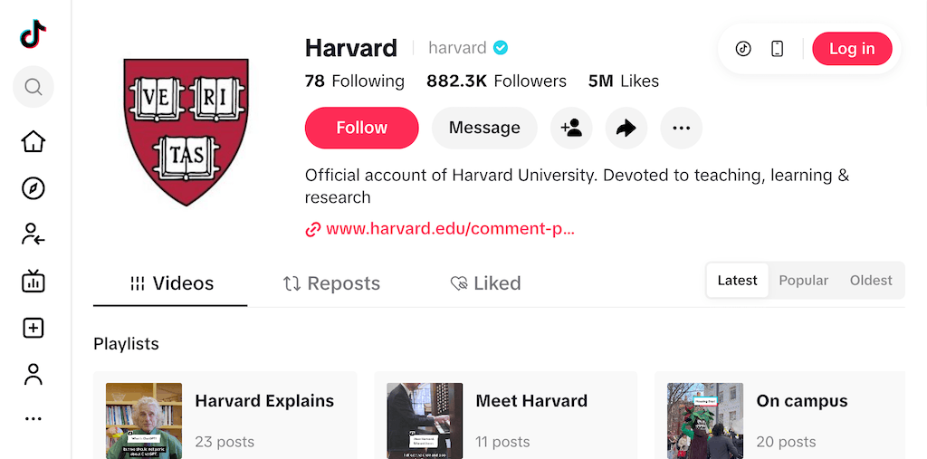Harvard University TikTok profile highlighting their devotion to teaching, learning, and research.