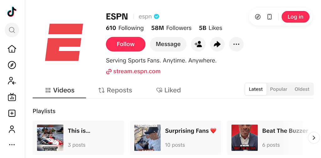 ESPN TikTok profile showing 57.9M followers and a bio about serving sports fans everywhere.