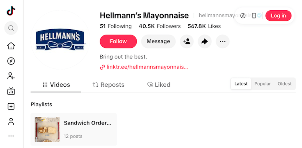 Hellmann's Mayonnaise TikTok profile featuring the slogan Bring out the best and a link to sandwich recipes.