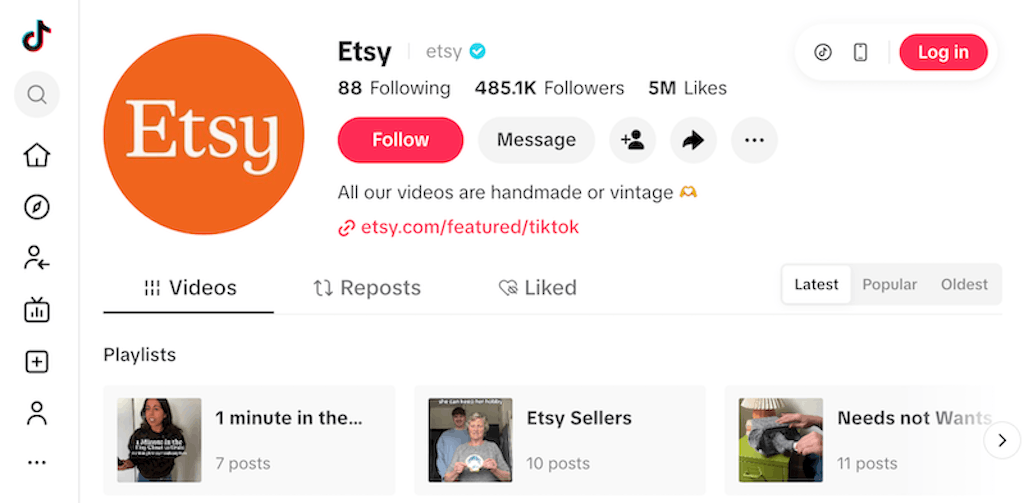 Etsy TikTok profile with 482k followers and a bio stating all videos feature handmade or vintage items.