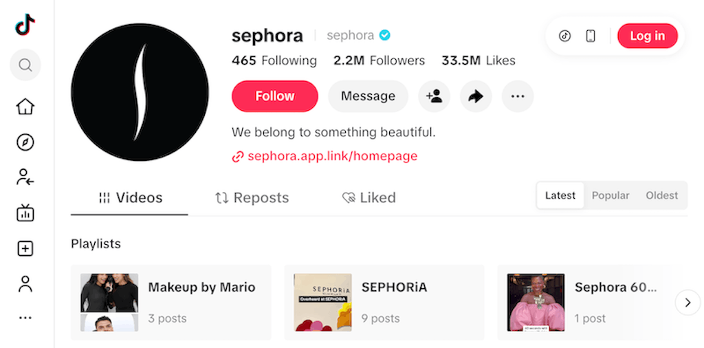 Sephora's TikTok profile showing 2.2M followers, 33.4M likes, and playlists including SEPHORiA and Sephora 60 Seconds.