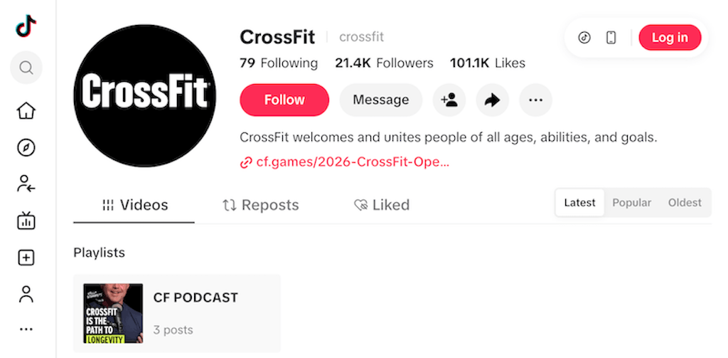 CrossFit's TikTok profile showing 21.1K followers, 98K likes, and a CF Podcast playlist with 3 posts.