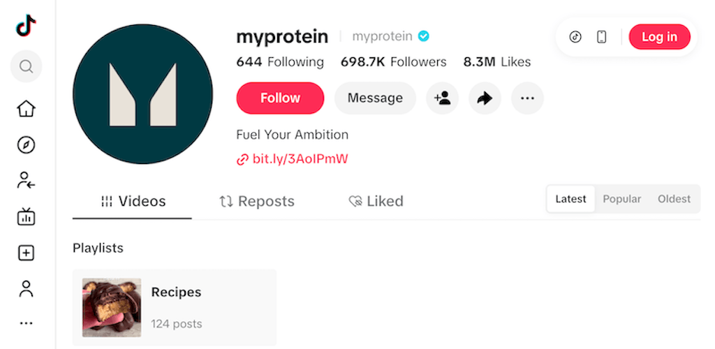 Myprotein's TikTok profile showing 696.9K followers, 8.3M likes, and a Recipes playlist with 124 posts.