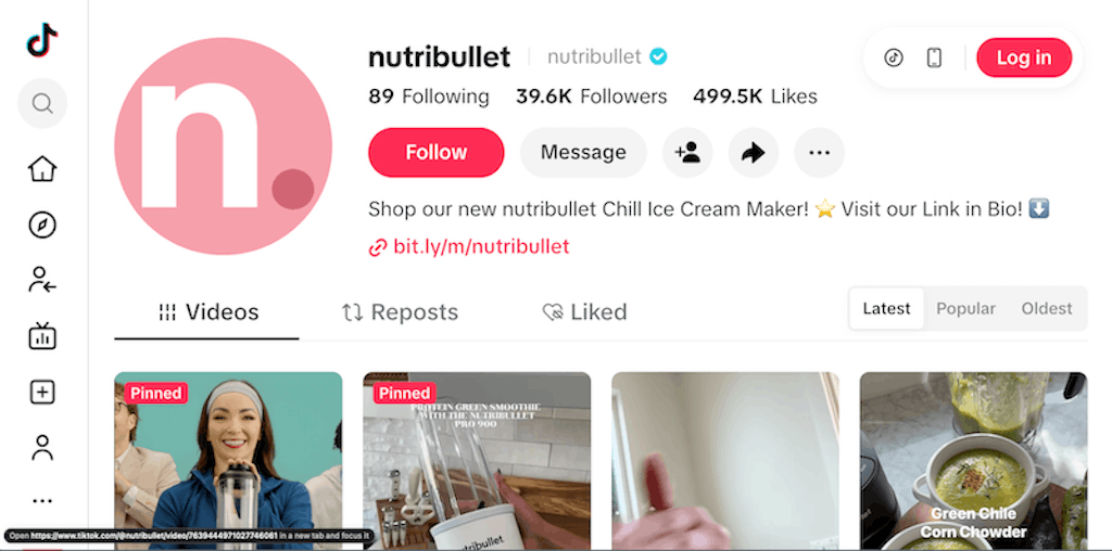 Nutribullet's TikTok profile showing 39.5K followers with pinned videos including one with 24.3M views.