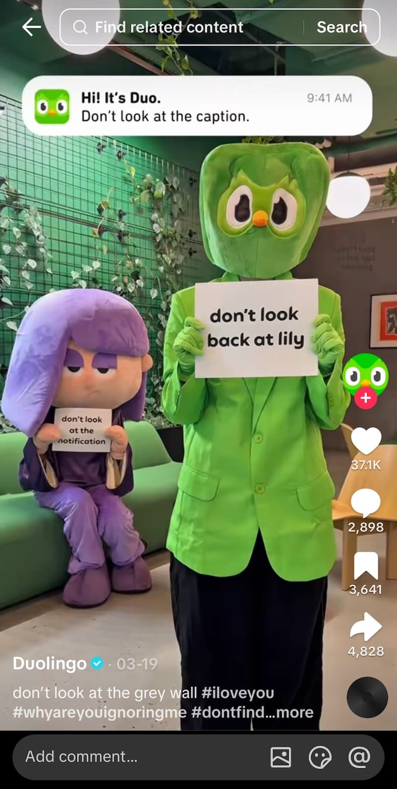 A screenshot of an engaging TikTok video from Duolingo.