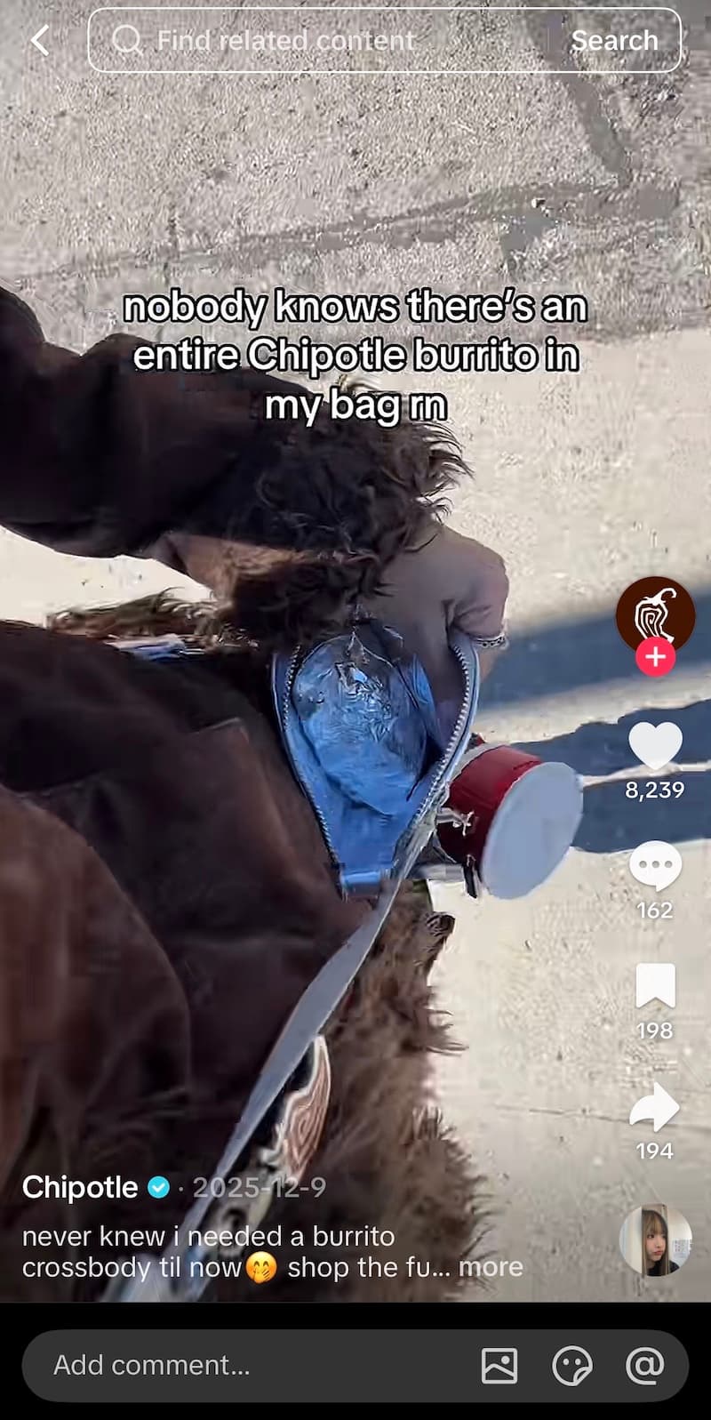 A screenshot of a trendy TikTok video from Chipotle.