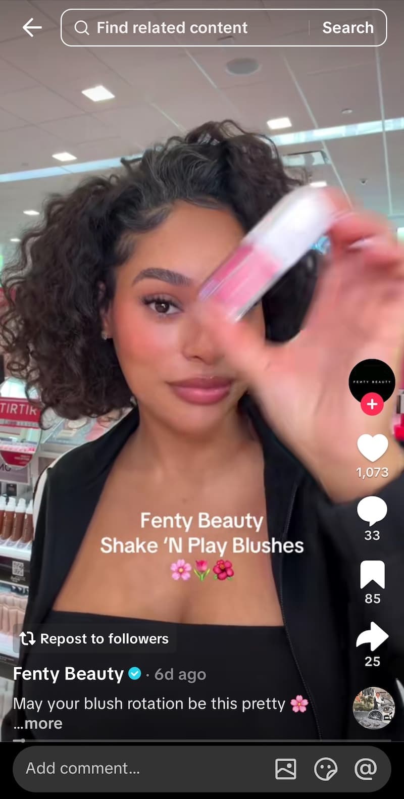 A screenshot of an influencer TikTok video from Fenty Beauty.