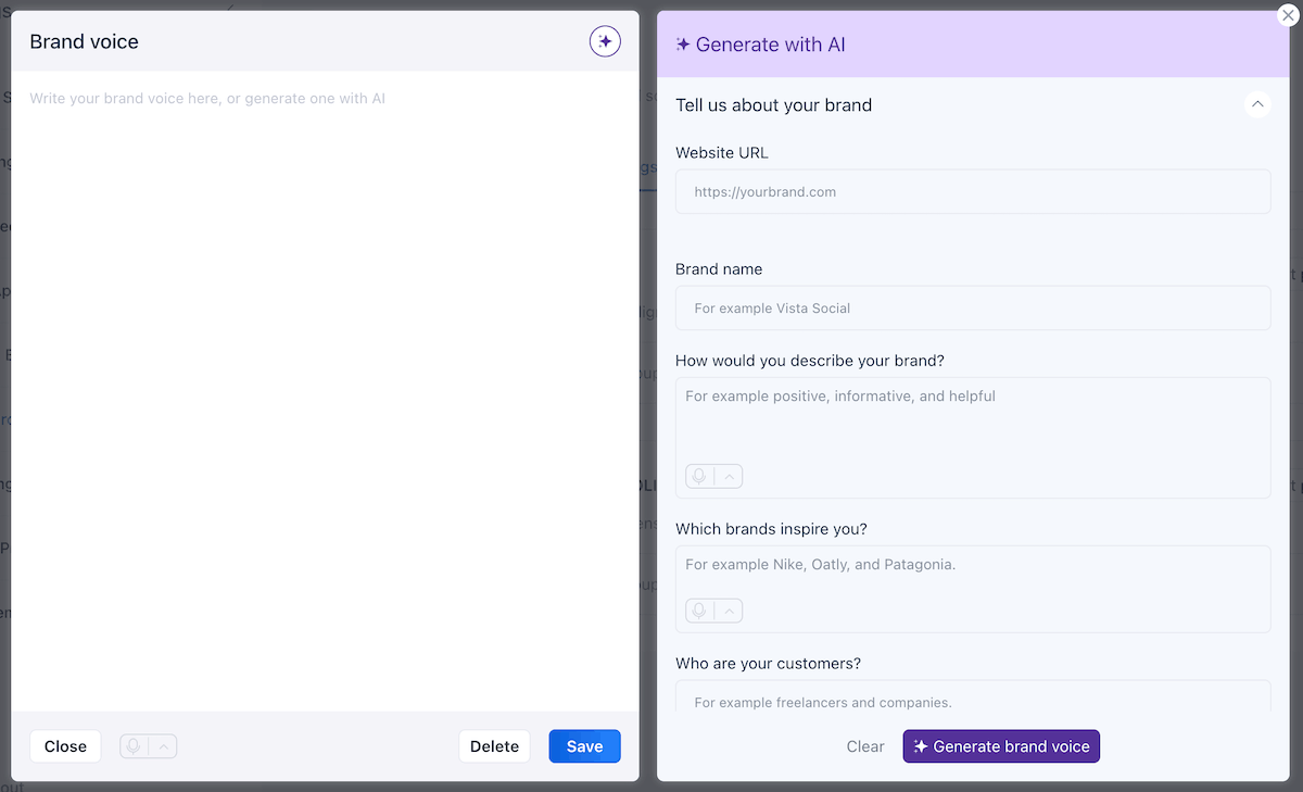 The AI brand voice generator in Vista Social.