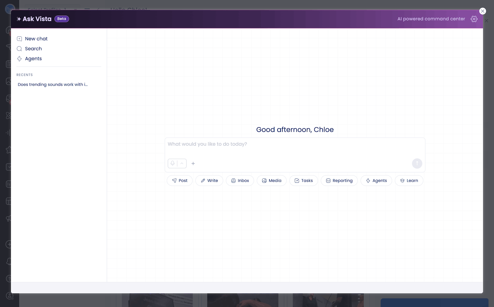 Ask Vista, an AI chat window inside Vista Social.