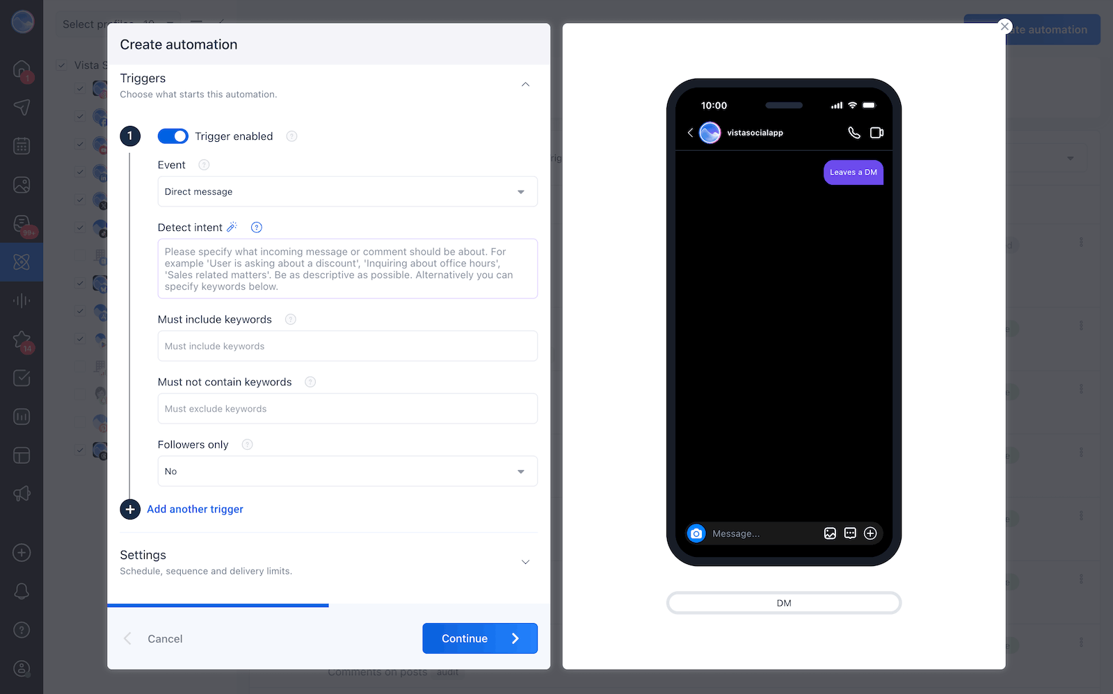 A DM automation using AI message intent detection in Vista Social.