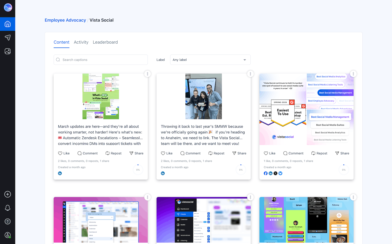The Vista Social employee advocacy interface.