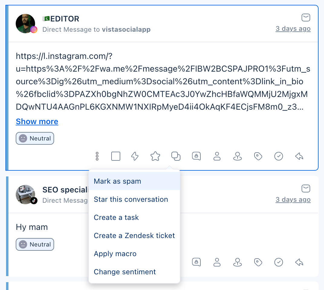 How to mark a message as spam in the Vista Social inbox.