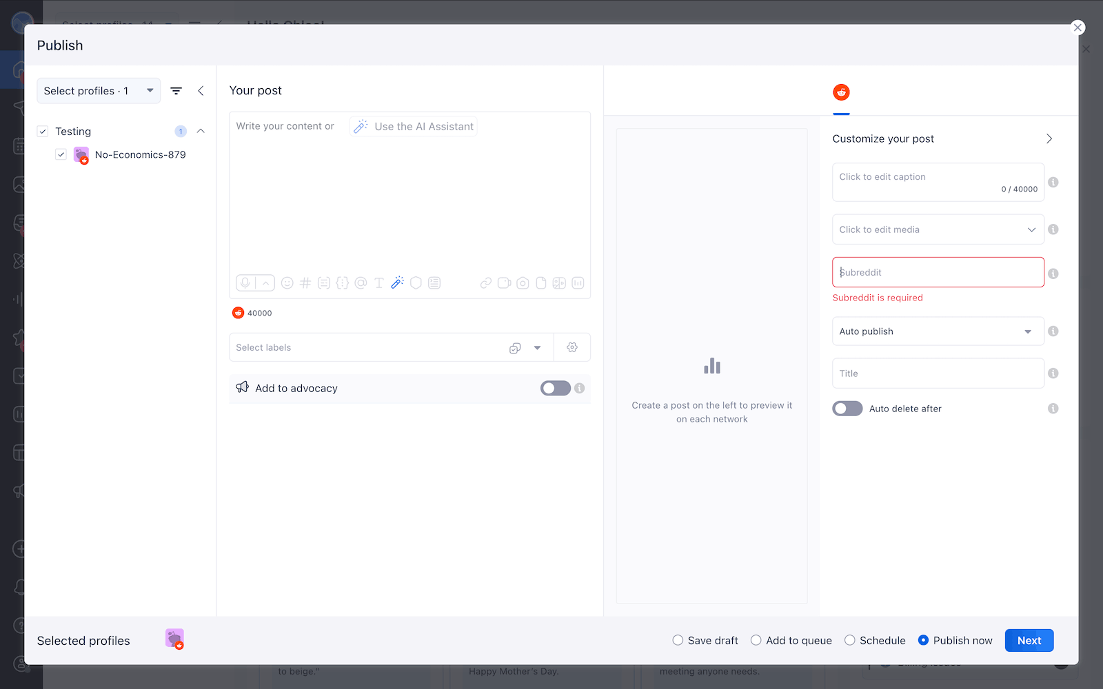 The Vista Social publisher for creating a Reddit post.