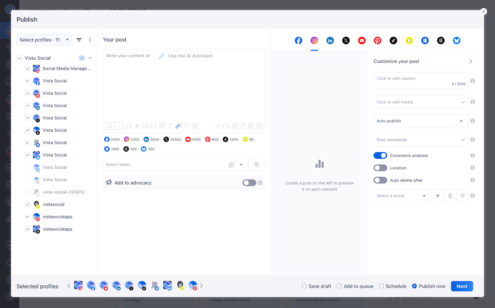 The Vista Social publishing interface.