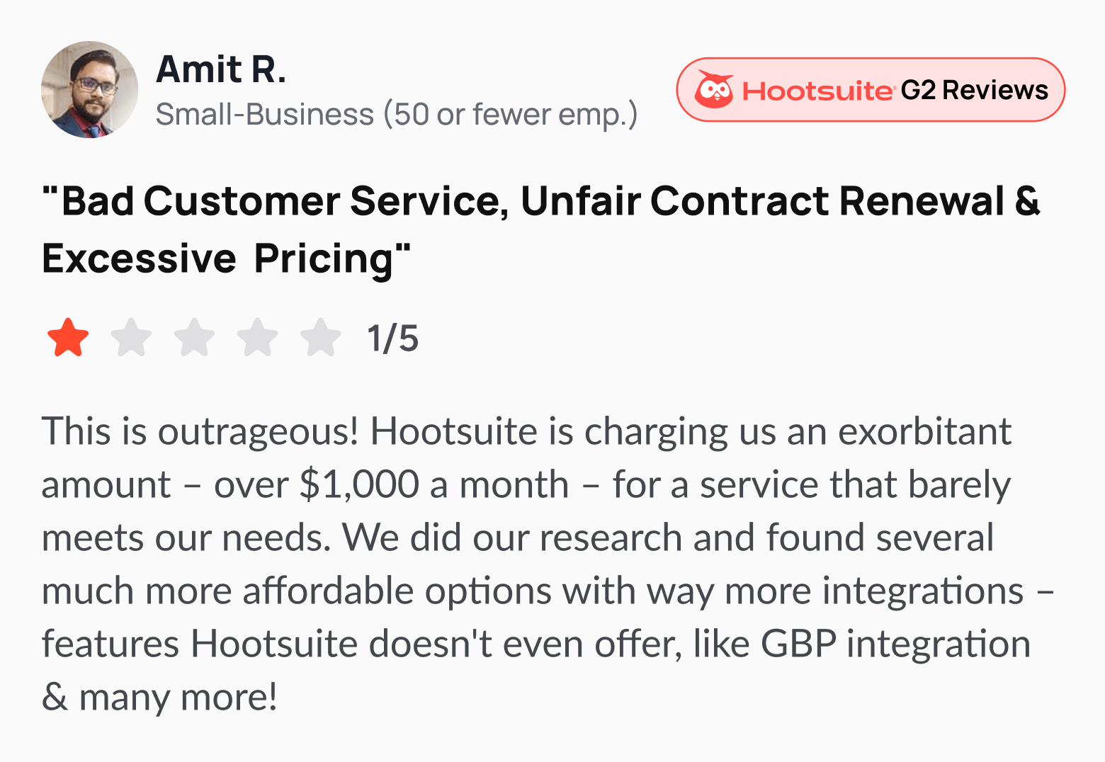 A negative Hootsuite review on G2.