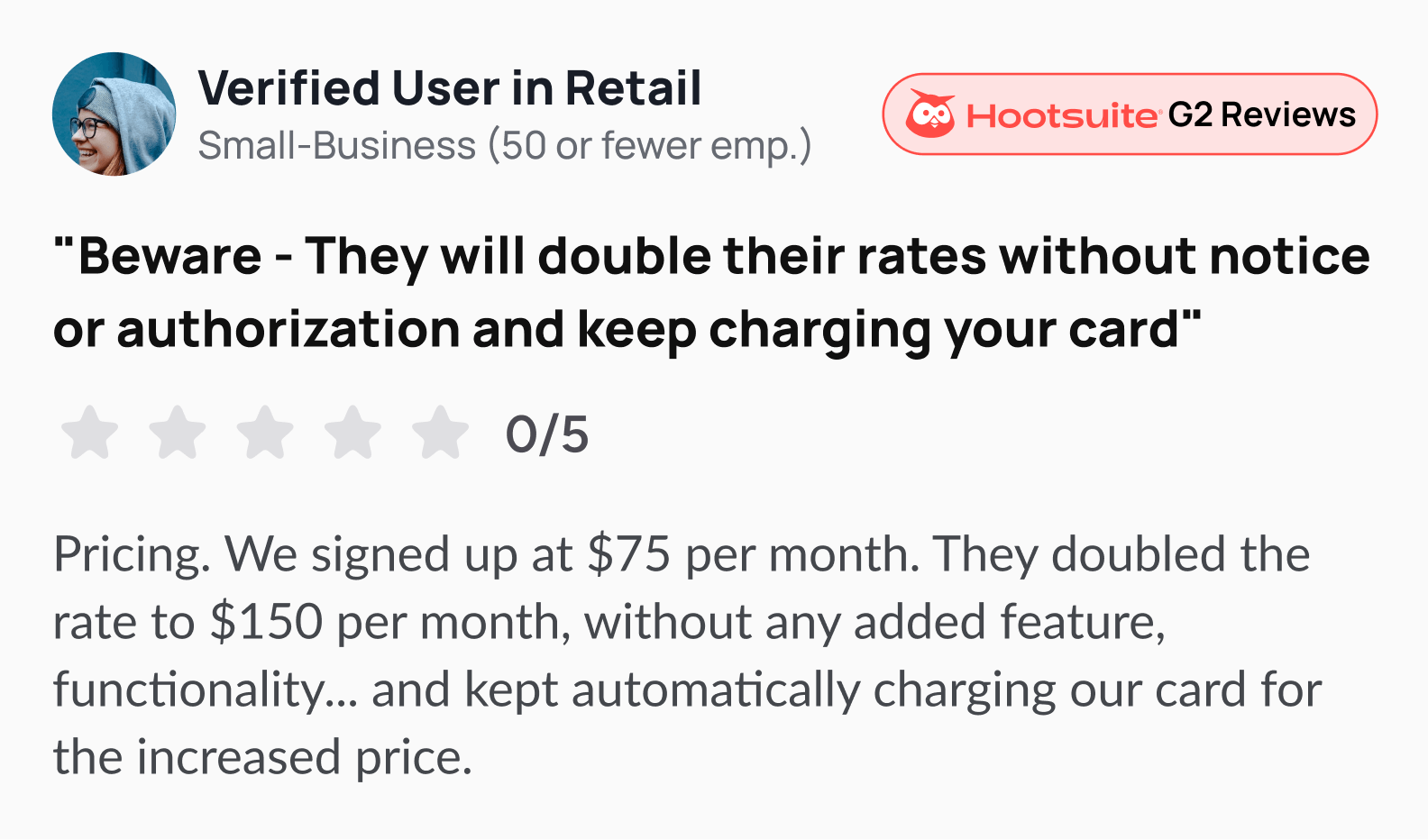 A negative Hootsuite review on G2.