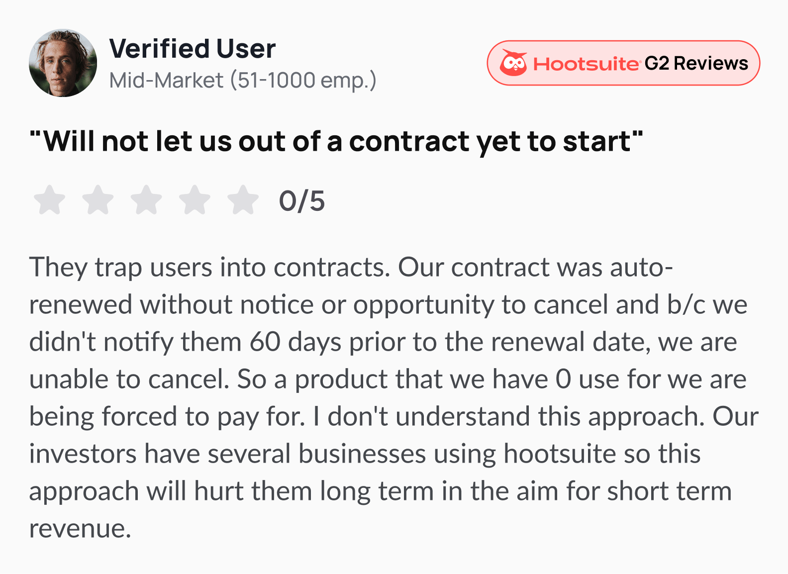 A negative Hootsuite review on G2.