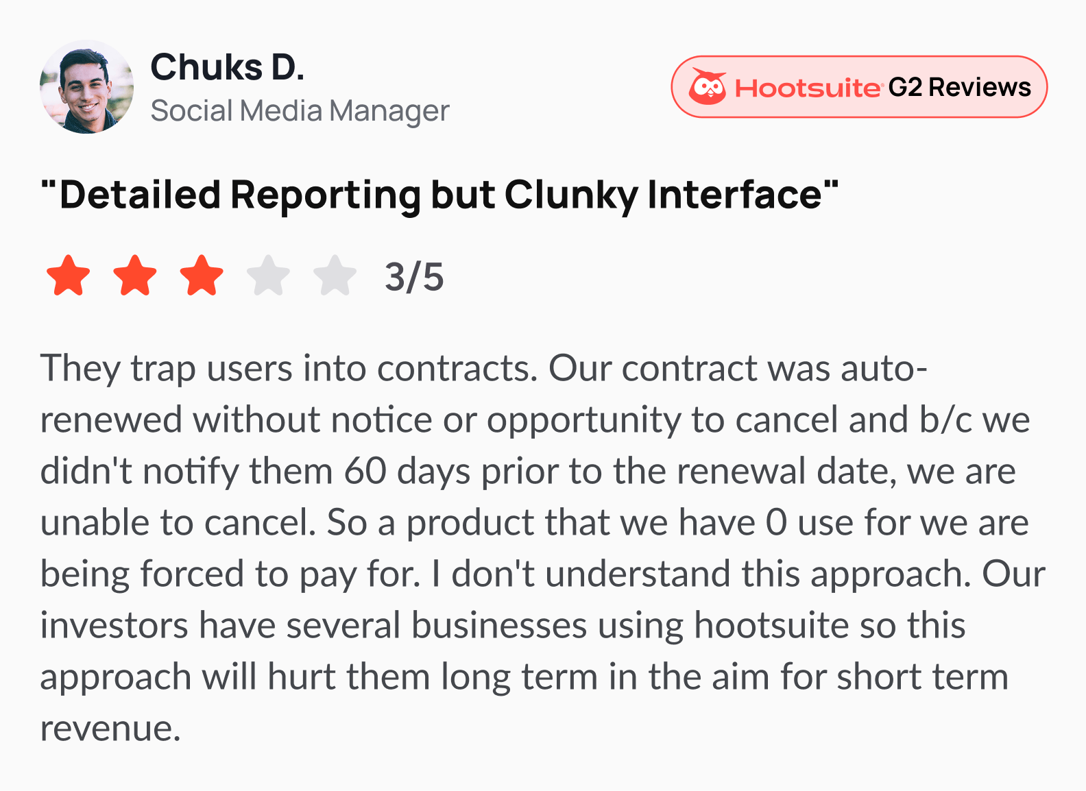 A negative Hootsuite review on G2.