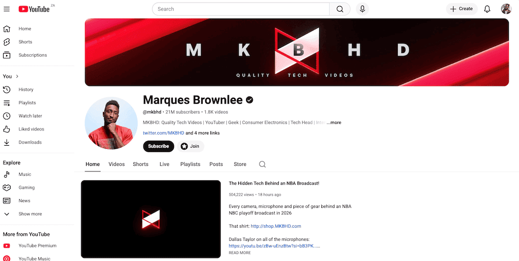 Screenshot of MKBHD YouTube channel homepage showing 21M subscribers and tech review content.