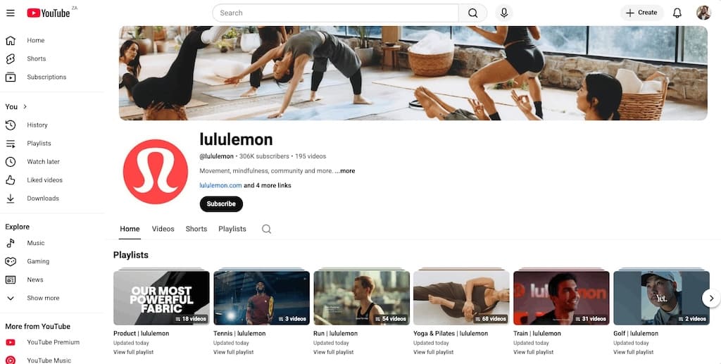 Screenshot of lululemon YouTube channel showing 306K subscribers and fitness lifestyle playlists.