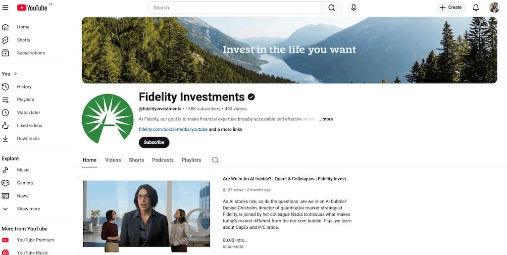Screenshot of Fidelity Investments YouTube channel showing 157K subscribers and finance content.