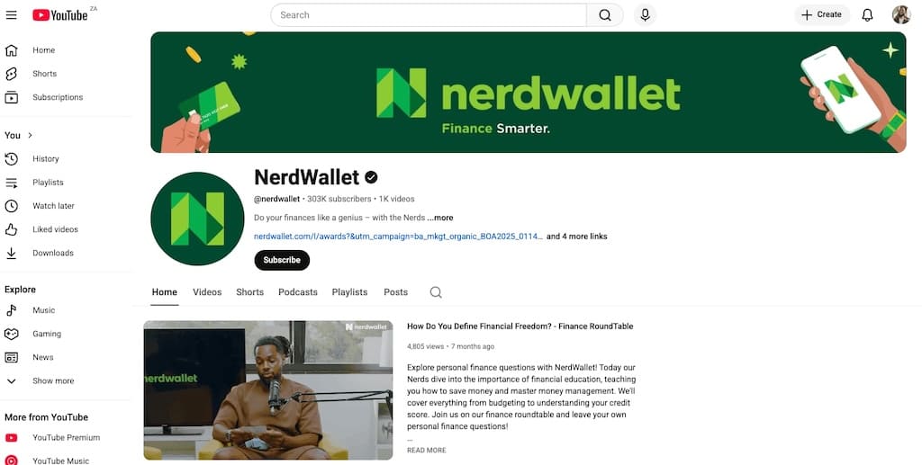 Screenshot of NerdWallet YouTube channel showing 303K subscribers and personal finance content.