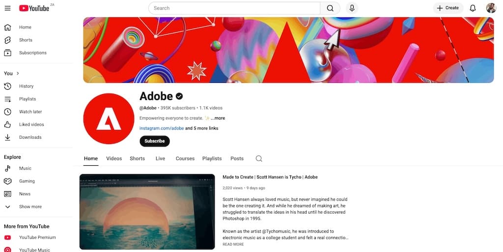 Screenshot of Adobe YouTube channel homepage showing 391K subscribers and creative tutorial content.