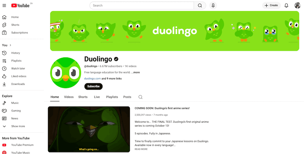 Screenshot of Duolingo YouTube channel showing 6.67M subscribers and language learning content.