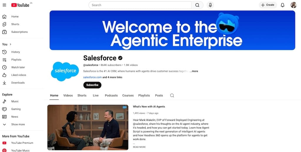 Screenshot of Salesforce YouTube channel showing 864K subscribers and AI enterprise content.