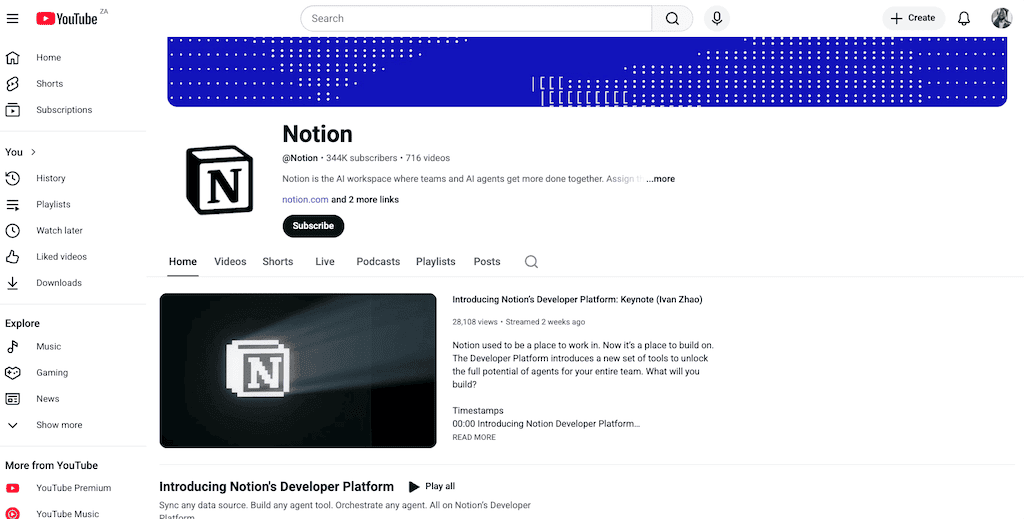 Screenshot of Notion YouTube channel showing 344K subscribers and AI productivity content.