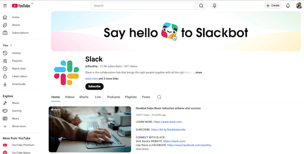 Screenshot of Slack YouTube channel homepage showing 72.2K subscribers and team collaboration content.