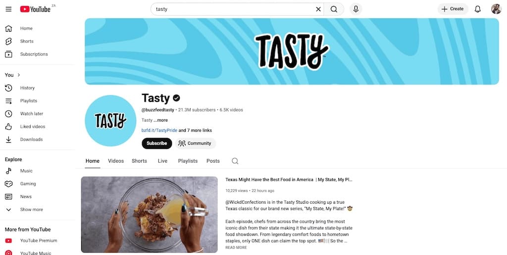 Screenshot of Tasty BuzzFeed Food YouTube showing 21.3M subscribers and cooking recipe content.