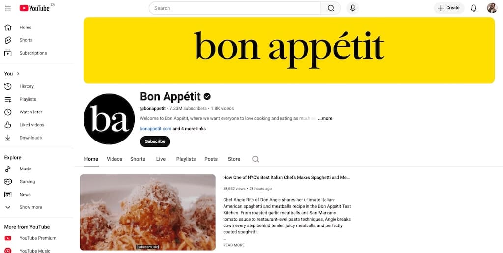 Screenshot of Bon Appétit YouTube channel showing 7.33M subscribers and culinary cooking content.
