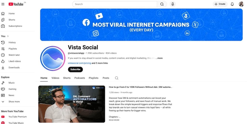 Screenshot of Vista Social YouTube channel homepage showing 1.95K subscribers and social media content.