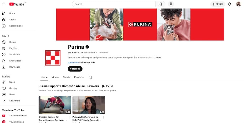 Screenshot of Purina YouTube channel showing 32.5K subscribers and pet care video content.