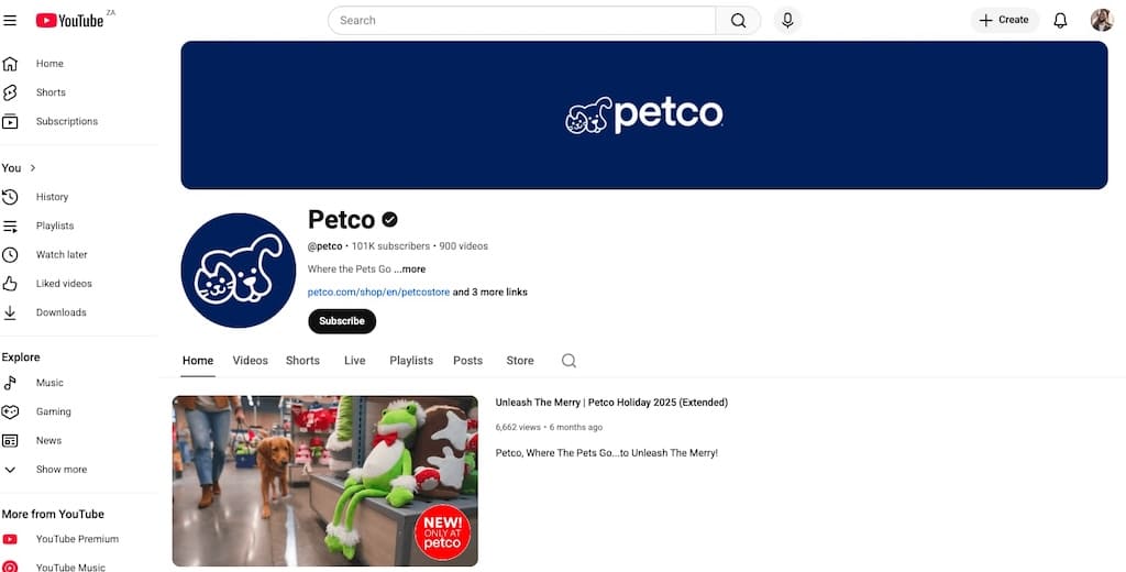 Screenshot of Petco YouTube channel homepage showing 101K subscribers and pet lifestyle content.