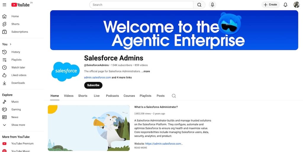 Screenshot of Salesforce Admins YouTube channel showing 134K subscribers and admin training content.