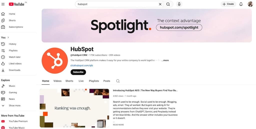 Screenshot of HubSpot YouTube channel homepage showing 175K subscribers and CRM marketing content.