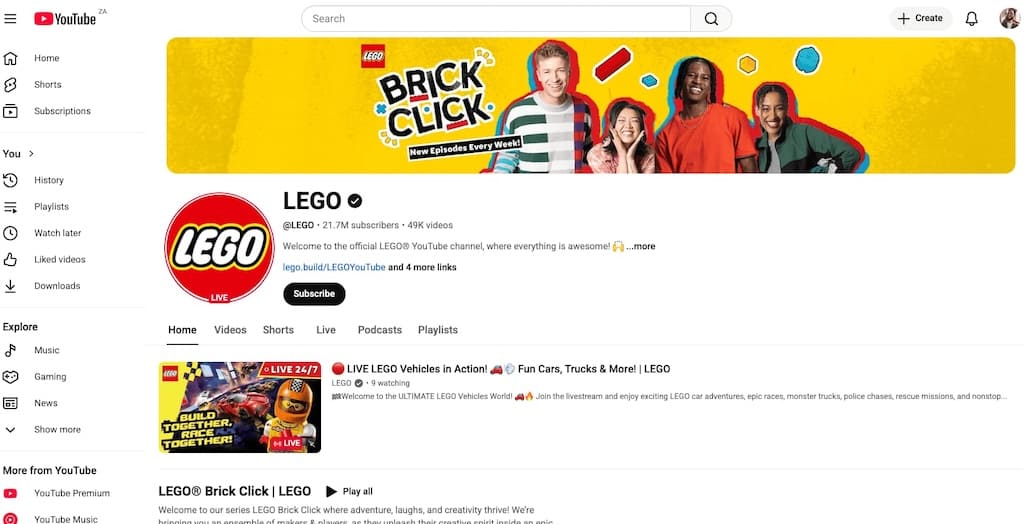 Screenshot of LEGO YouTube channel homepage showing 21.7M subscribers and Brick Click series content.