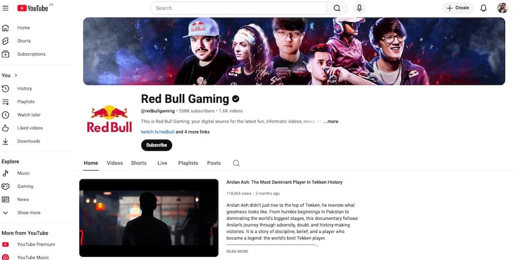 Screenshot of Red Bull Gaming YouTube channel showing 557K subscribers and esports video content.