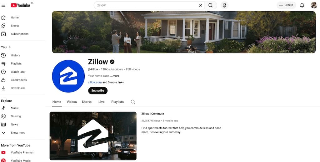 Screenshot of Zillow YouTube channel homepage showing 110K subscribers and real estate content.