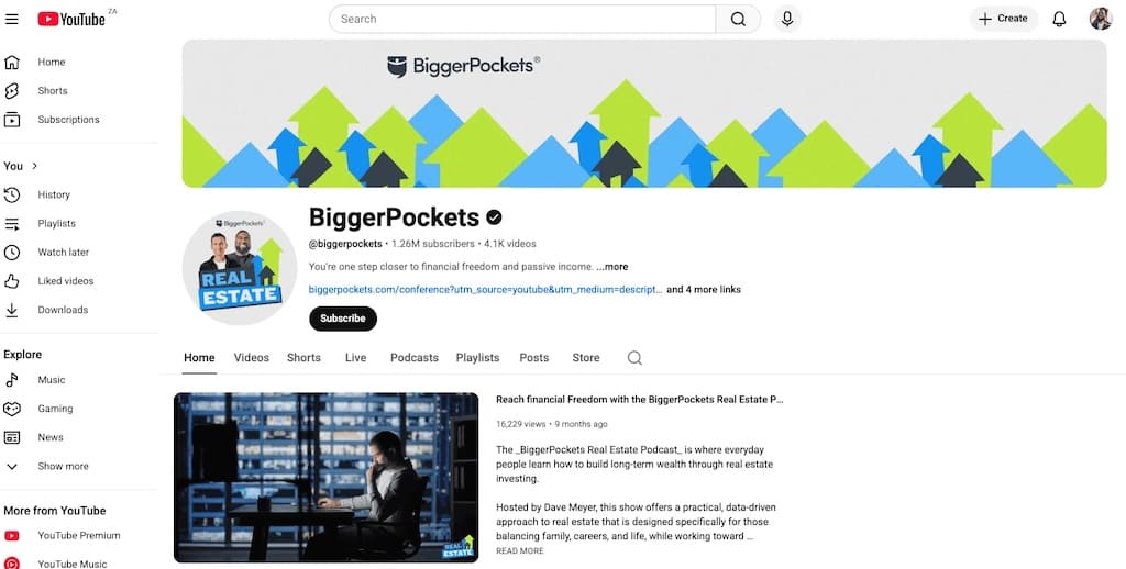 Screenshot of BiggerPockets YouTube channel showing 1.26M subscribers and real estate investing content.