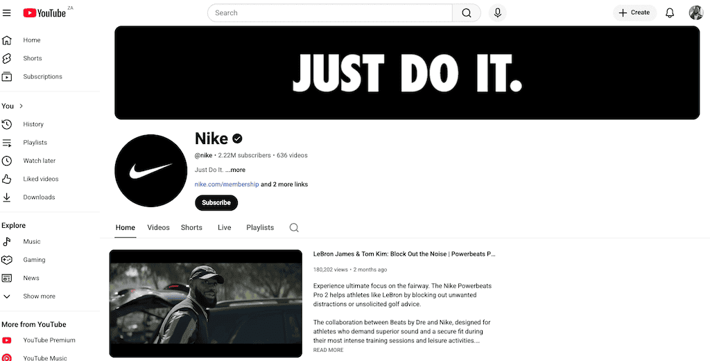 Screenshot of Nike YouTube channel homepage showing 2.22M subscribers and Just Do It athletic content.