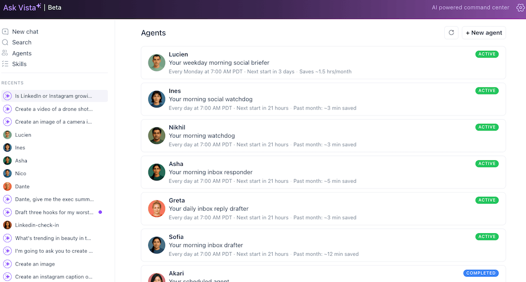 The custom AI agents manager page in Ask Vista displays active assistants like Lucien, Ines, Nikhil, Asha, and Greta.