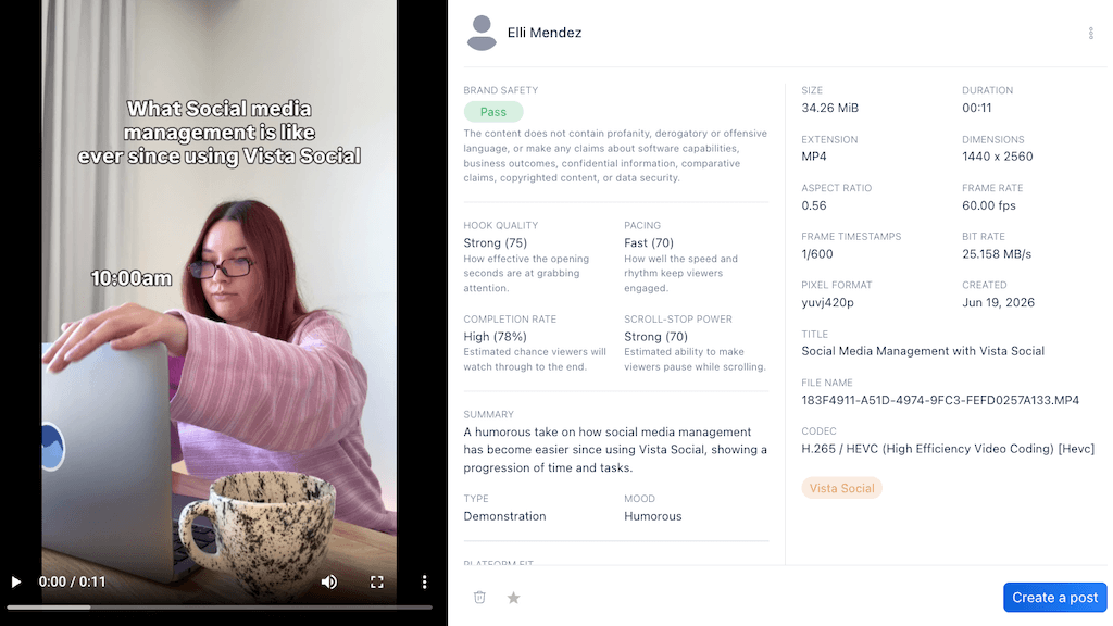 A semantic evaluation panel analyzing a vertical video's pacing, completion rate, hook quality, and brand safety.