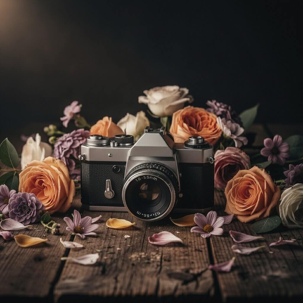An AI-generated commercial-style product photograph of a vintage camera surrounded by soft peach and pink roses.