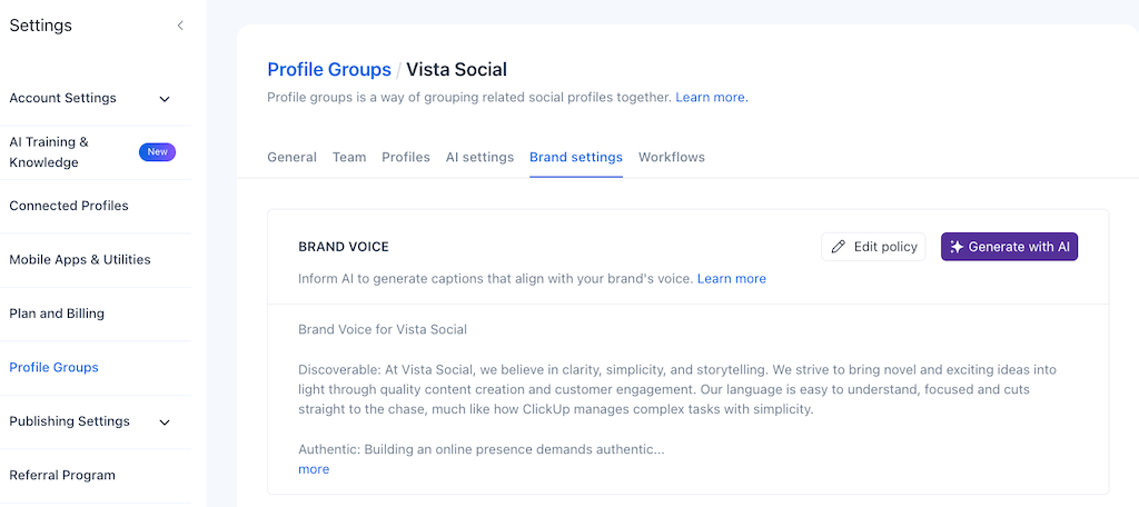 The brand voice settings page in Vista Social displaying an editable policy box to inform automated caption generation.