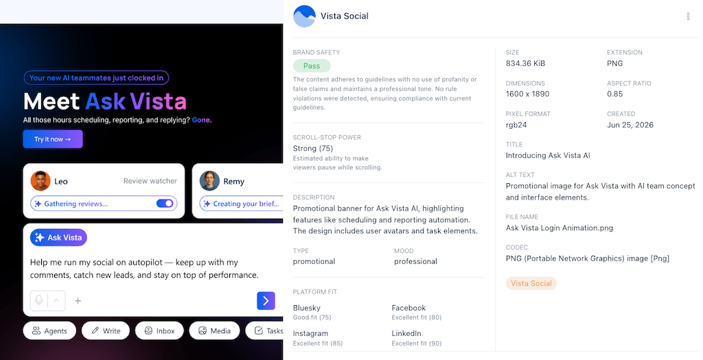A dashboard presentation overview detailing the automated scheduling and community management skills of Ask Vista AI.