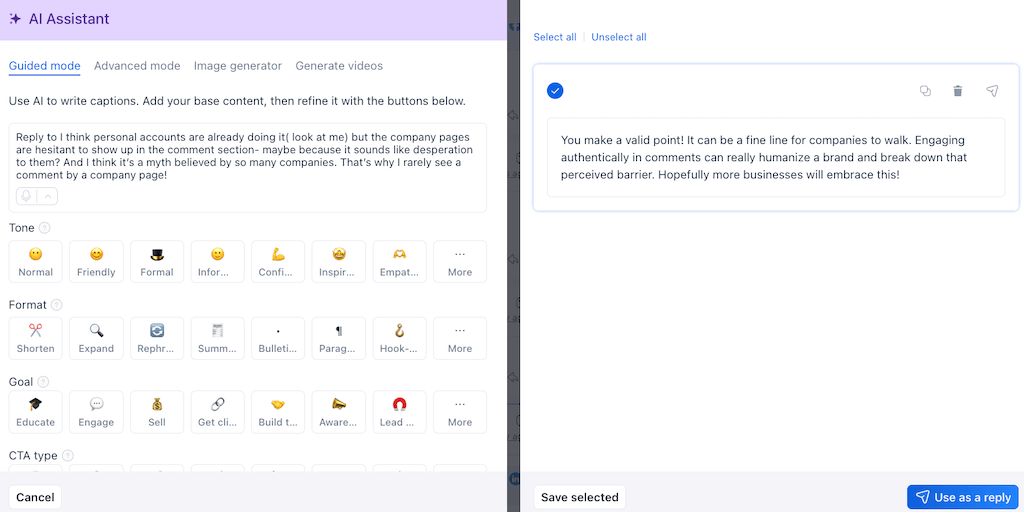 The AI Assistant interface in guided mode, displaying selected tone settings alongside a generated comment reply.