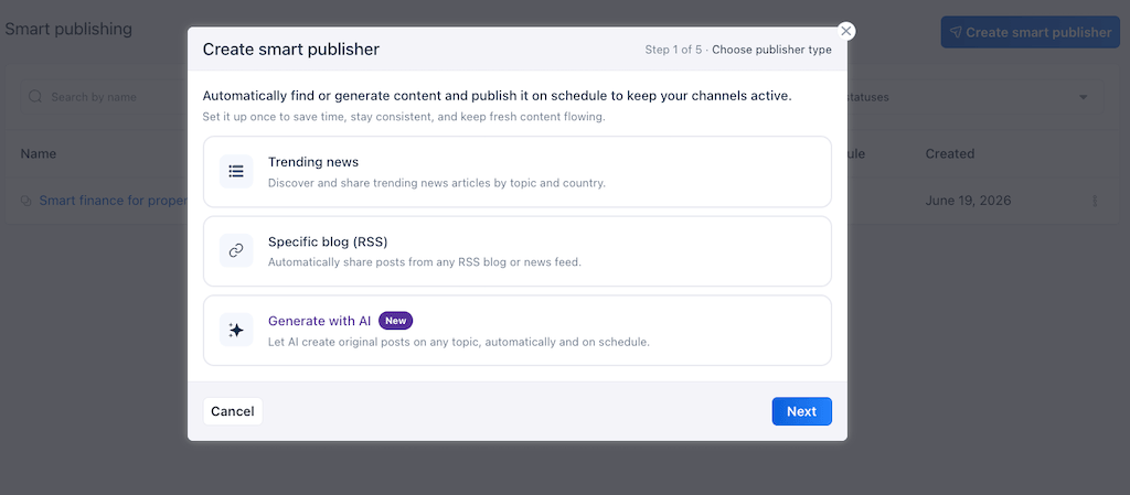 A "Create smart publisher" setup wizard window in Vista Social offering options like trending news and automated AI posts.